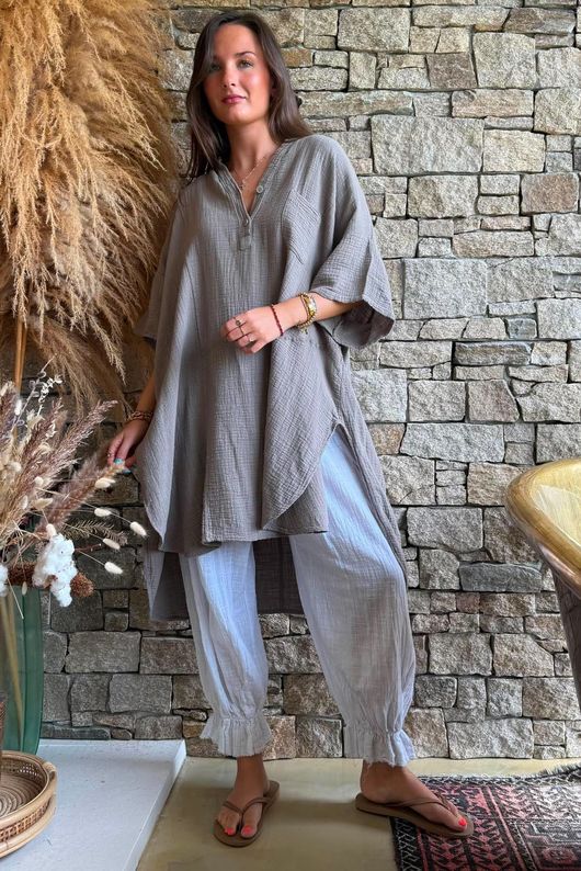 Tasha Cushion Cotton Oversized Shirt Tunic Mocha